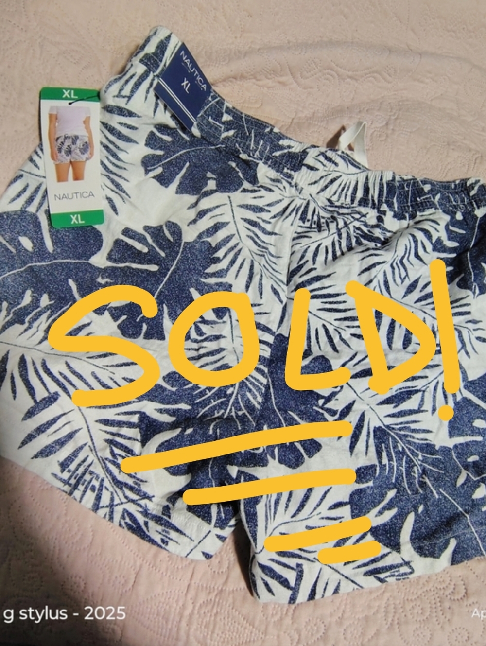 😲🔥😎 NAUTICA  - Women's White and Navy Linen Tropical Leaf Shorts- Size- XL